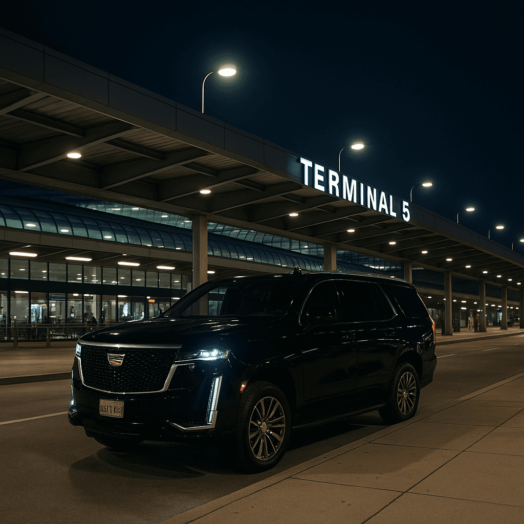 Cadillac Escalade ESV in black paint under city lights