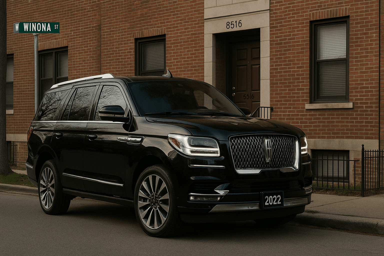 Lincoln Navigator with luggage staged at O'Hare terminal